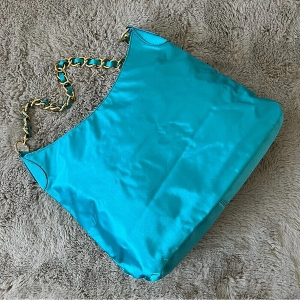 Vintage Bebe Y2K Turquoise Satin Logo Hobo Bag Teal Gold Chain
